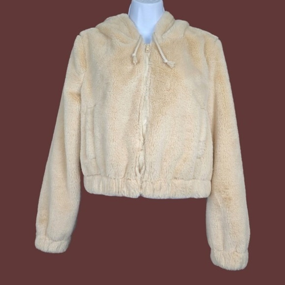 PacSun L.A. Hearts Tan Faux Fur Plush Hooded Cropped Jacket Size XS NWT